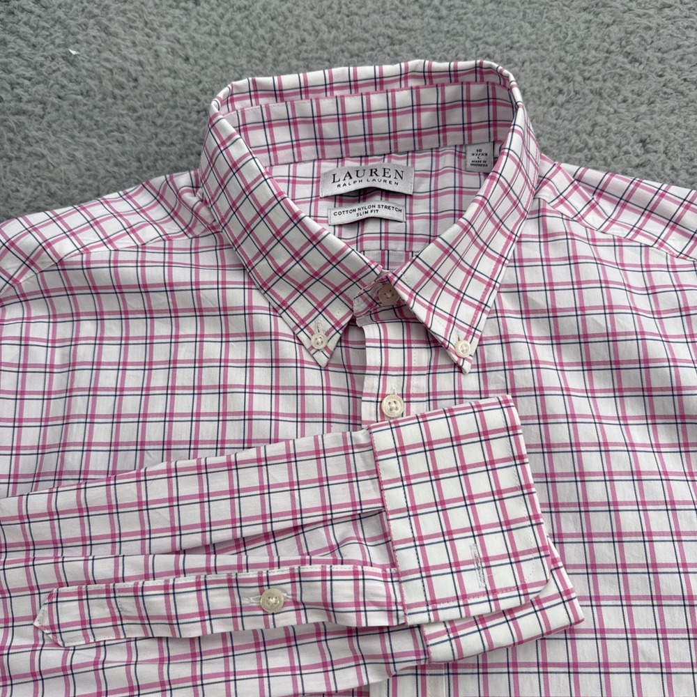 Lauren Ralph Lauren LRL Dress Shirt 16 32/33 Slim Fit Stretch Non Iron Pink Blue